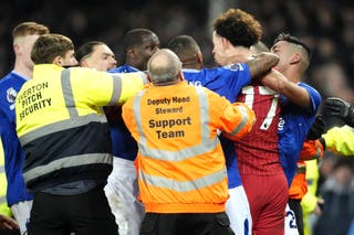 Curtis Jones (Center) Liverpool and Abdulaha Everton clashed after the final whistle in February